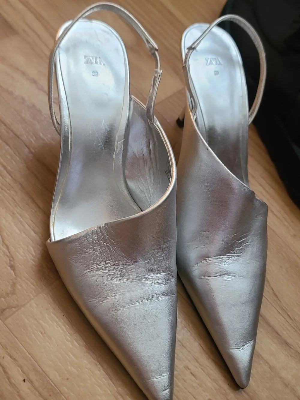 Zara Metallic Silver Pointed Slingback Heels